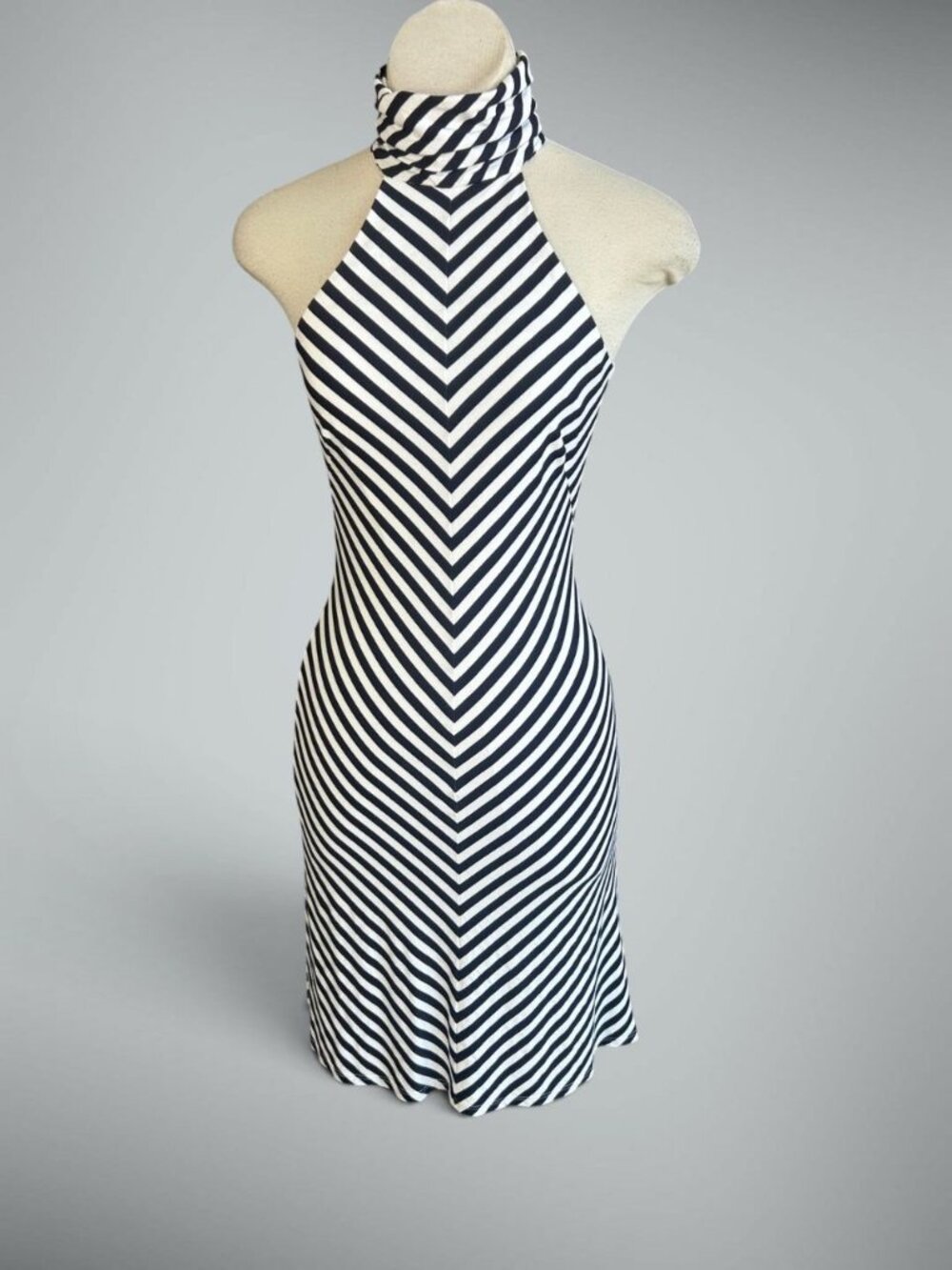 Trina Turk Y2K Navy Blue White Diagonal Stripes Halter Dress Size 4